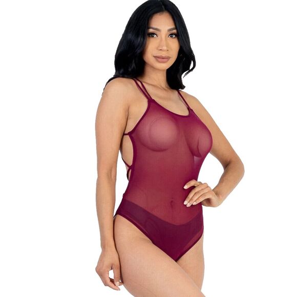 NEW Capella Medium Sheer Burgundy Bodysuit Soft Mesh Crisscross Back Holiday - Picture 5 of 9
